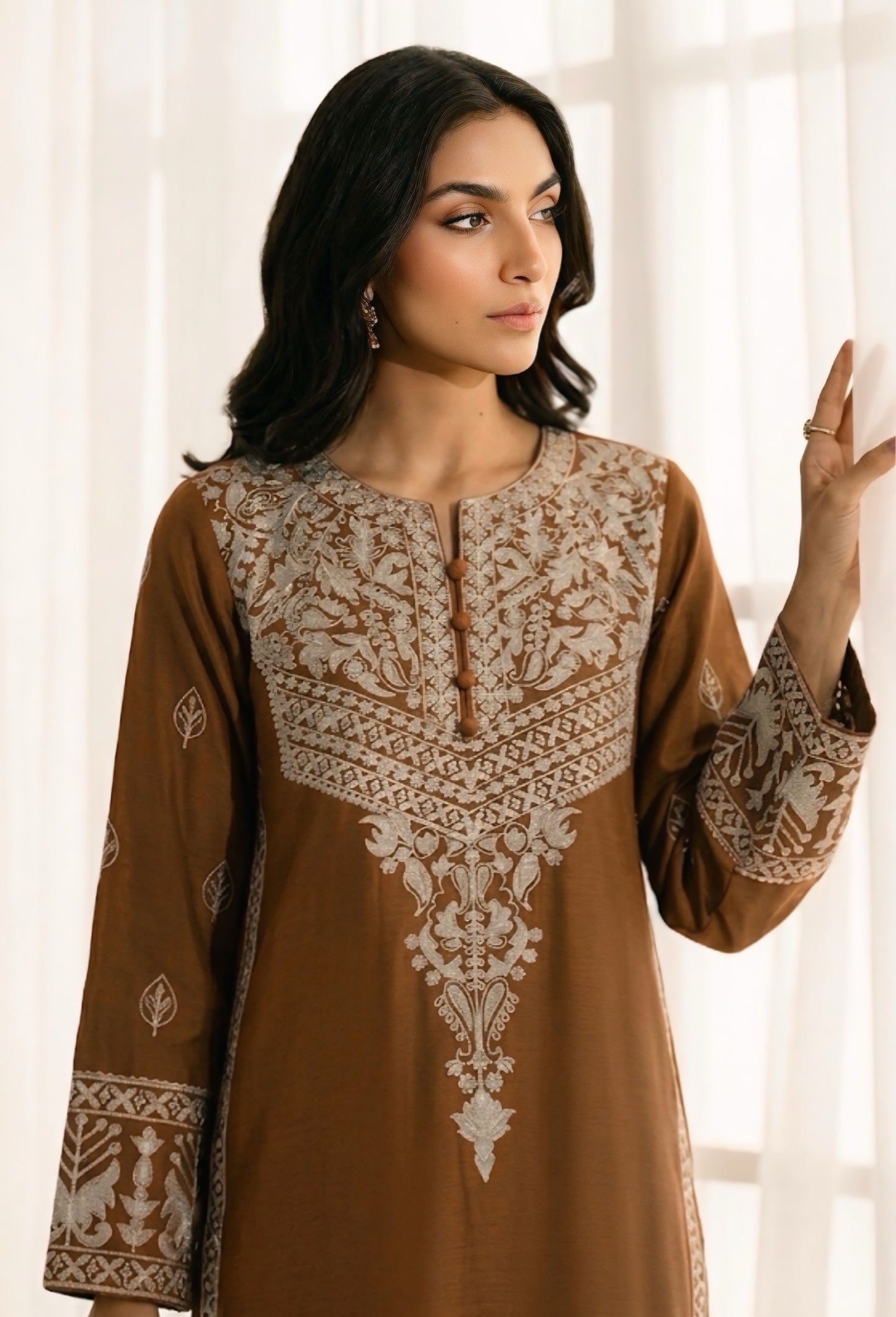 Summer Luxe: 3-Piece brown  Embroidered Dress