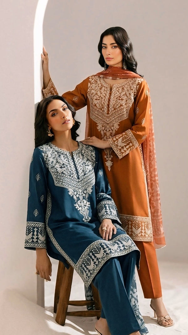 Summer Luxe: 3-Piece brown  Embroidered Dress